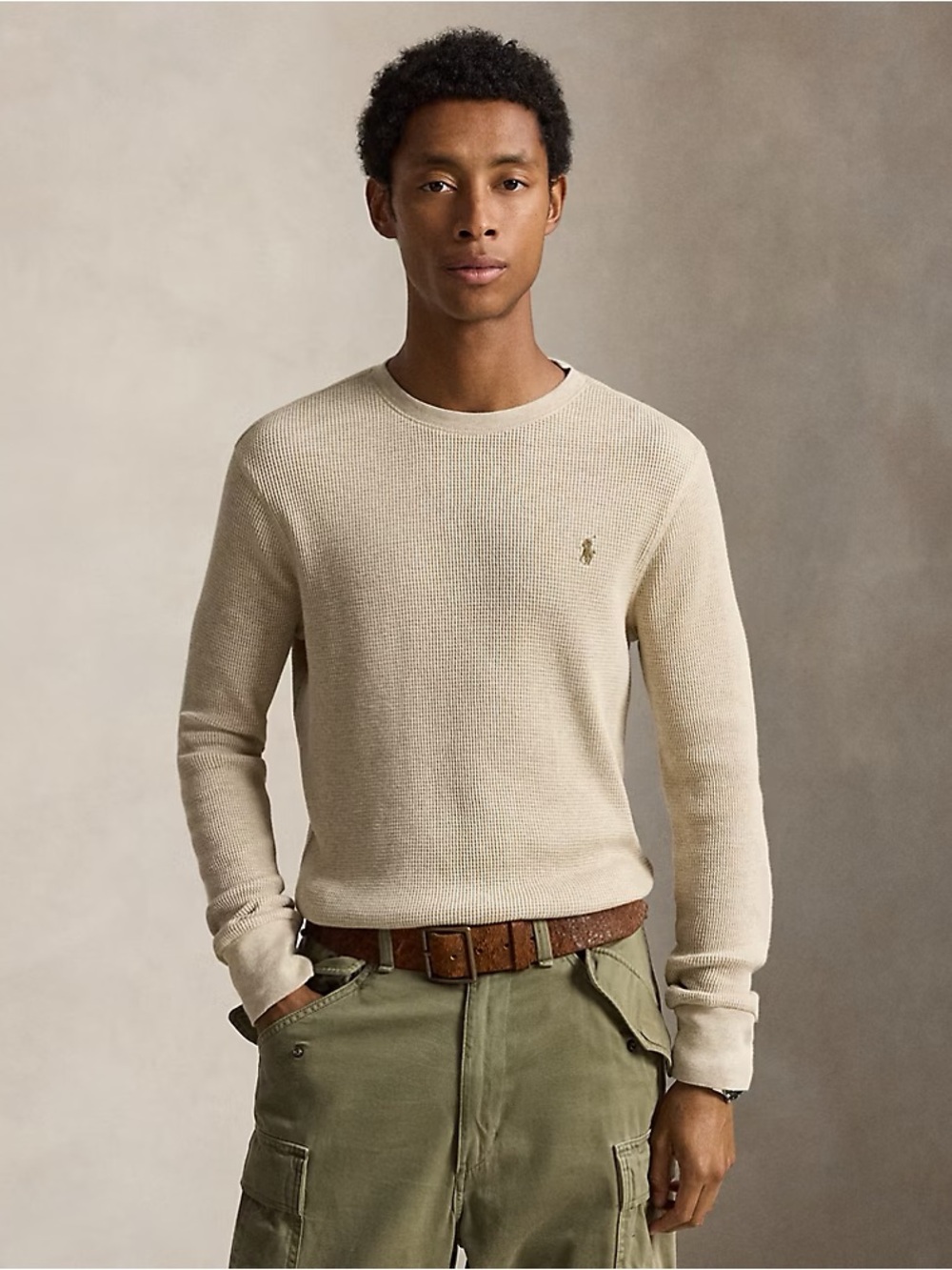 Ralph Lauren Men’s Beige/Cream Waffle-Knit Cotton Crewneck Sweater Size M